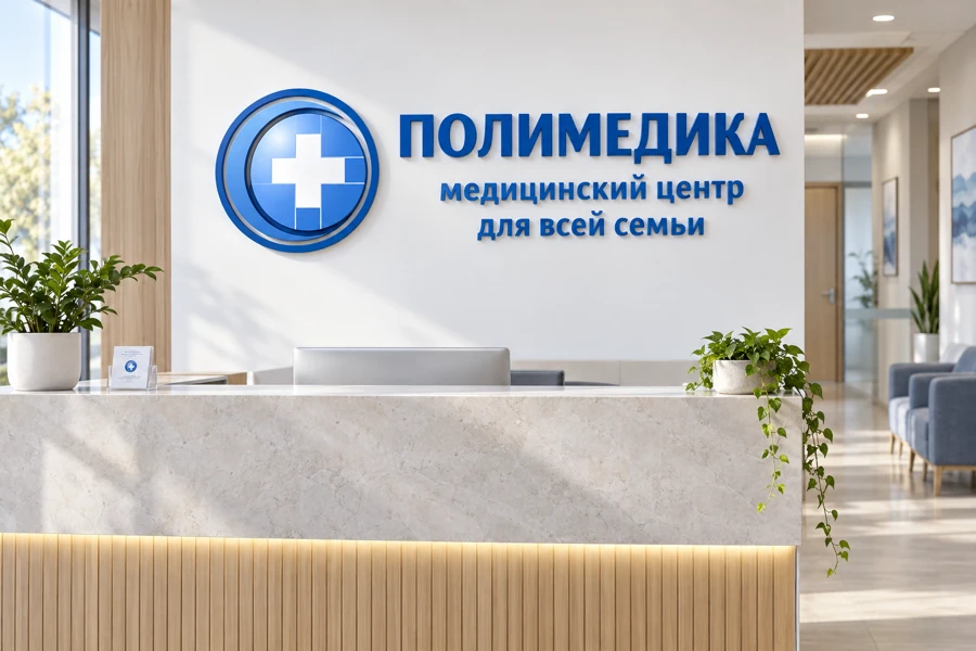 Ресепшен и вывеска — концептуальный мокап Полимедики