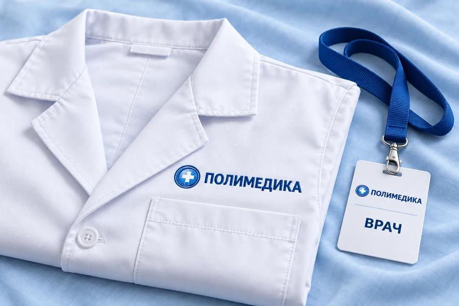 Форма и бейдж — концептуальный мокап Полимедики